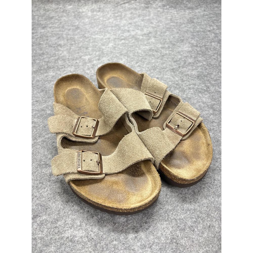 Birkenstock Arizona Sandals Mens Size 10.5 Beige Suede Buckle Double Buckle Cork